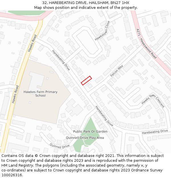 32, HAREBEATING DRIVE, HAILSHAM, BN27 1HX: Location map and indicative extent of plot