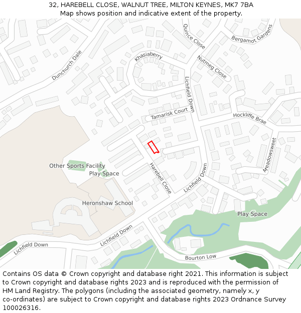 32, HAREBELL CLOSE, WALNUT TREE, MILTON KEYNES, MK7 7BA: Location map and indicative extent of plot