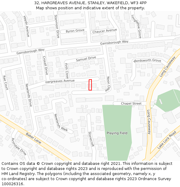 32, HARGREAVES AVENUE, STANLEY, WAKEFIELD, WF3 4PP: Location map and indicative extent of plot