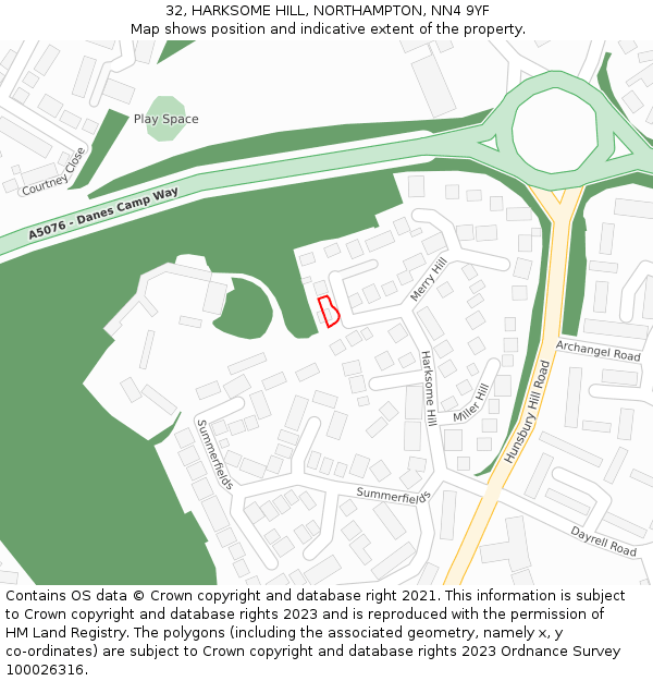 32, HARKSOME HILL, NORTHAMPTON, NN4 9YF: Location map and indicative extent of plot