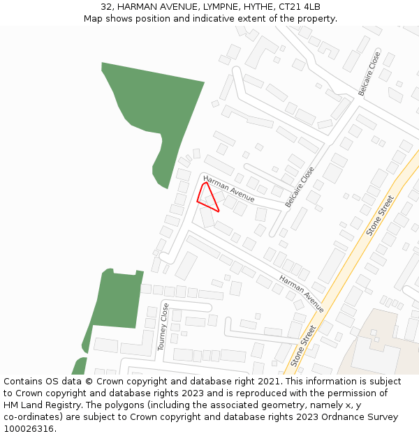 32, HARMAN AVENUE, LYMPNE, HYTHE, CT21 4LB: Location map and indicative extent of plot