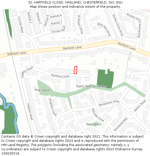 32, HARTFIELD CLOSE, HASLAND, CHESTERFIELD, S41 0NU: Location map and indicative extent of plot