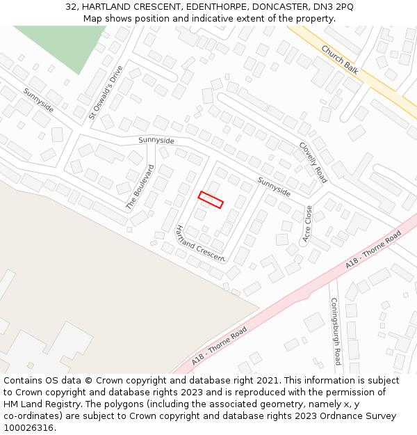 32, HARTLAND CRESCENT, EDENTHORPE, DONCASTER, DN3 2PQ: Location map and indicative extent of plot