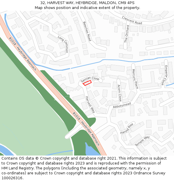 32, HARVEST WAY, HEYBRIDGE, MALDON, CM9 4PS: Location map and indicative extent of plot