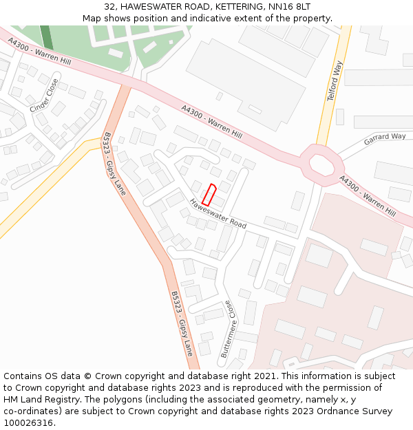 32, HAWESWATER ROAD, KETTERING, NN16 8LT: Location map and indicative extent of plot