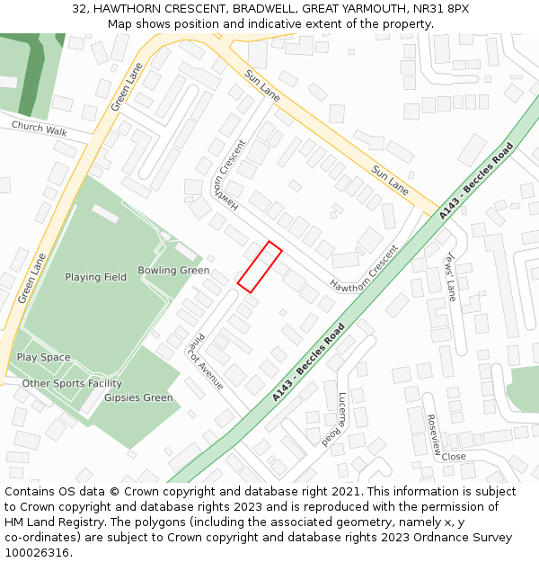 32, HAWTHORN CRESCENT, BRADWELL, GREAT YARMOUTH, NR31 8PX: Location map and indicative extent of plot