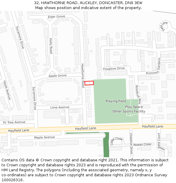 32, HAWTHORNE ROAD, AUCKLEY, DONCASTER, DN9 3EW: Location map and indicative extent of plot