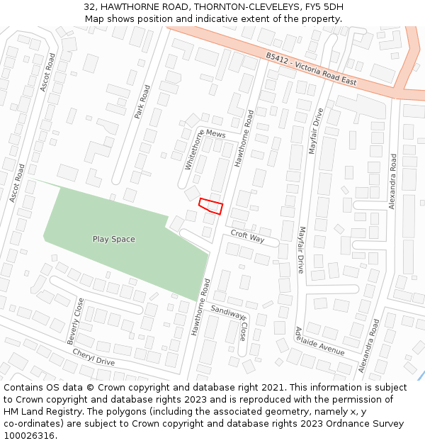 32, HAWTHORNE ROAD, THORNTON-CLEVELEYS, FY5 5DH: Location map and indicative extent of plot