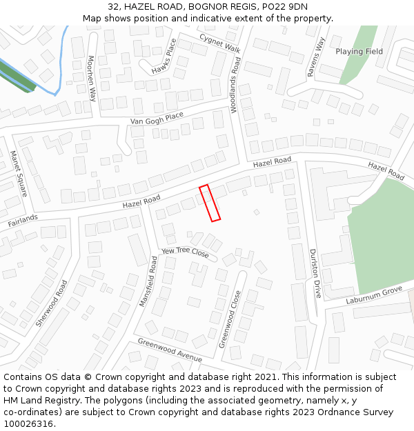 32, HAZEL ROAD, BOGNOR REGIS, PO22 9DN: Location map and indicative extent of plot