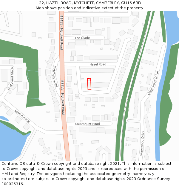 32, HAZEL ROAD, MYTCHETT, CAMBERLEY, GU16 6BB: Location map and indicative extent of plot