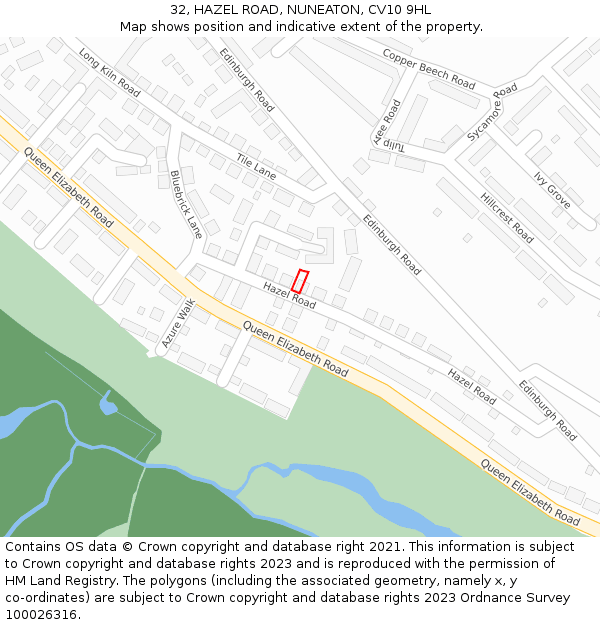 32, HAZEL ROAD, NUNEATON, CV10 9HL: Location map and indicative extent of plot