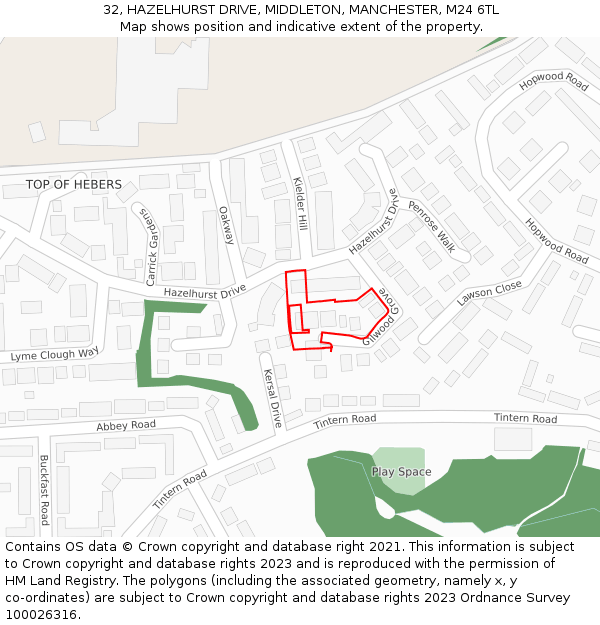 32, HAZELHURST DRIVE, MIDDLETON, MANCHESTER, M24 6TL: Location map and indicative extent of plot