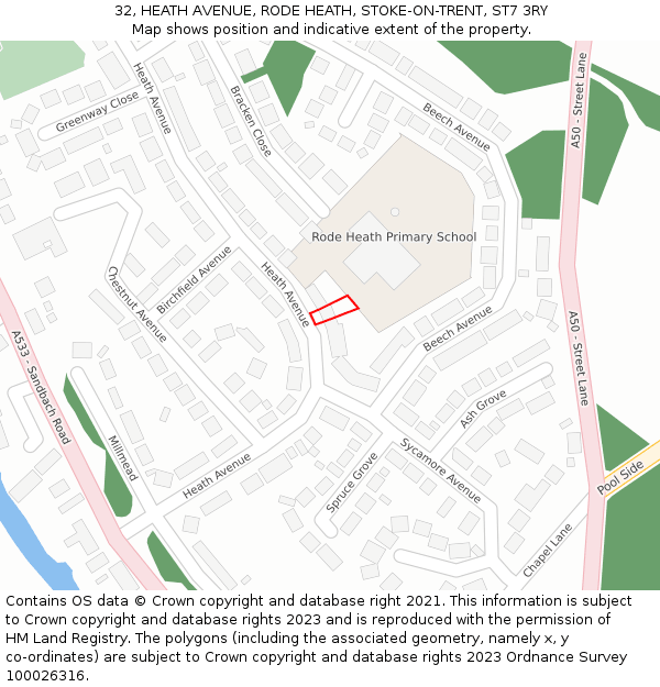 32, HEATH AVENUE, RODE HEATH, STOKE-ON-TRENT, ST7 3RY: Location map and indicative extent of plot