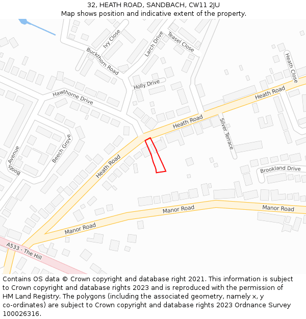 32, HEATH ROAD, SANDBACH, CW11 2JU: Location map and indicative extent of plot