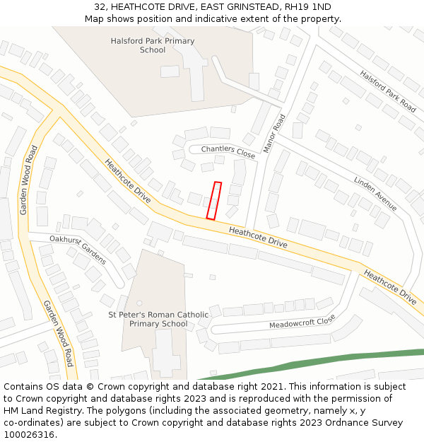 32, HEATHCOTE DRIVE, EAST GRINSTEAD, RH19 1ND: Location map and indicative extent of plot