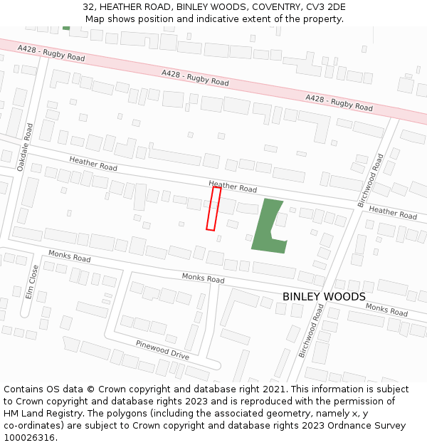 32, HEATHER ROAD, BINLEY WOODS, COVENTRY, CV3 2DE: Location map and indicative extent of plot