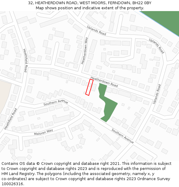 32, HEATHERDOWN ROAD, WEST MOORS, FERNDOWN, BH22 0BY: Location map and indicative extent of plot