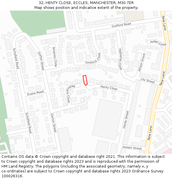 32, HENTY CLOSE, ECCLES, MANCHESTER, M30 7ER: Location map and indicative extent of plot