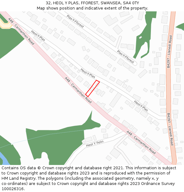 32, HEOL Y PLAS, FFOREST, SWANSEA, SA4 0TY: Location map and indicative extent of plot