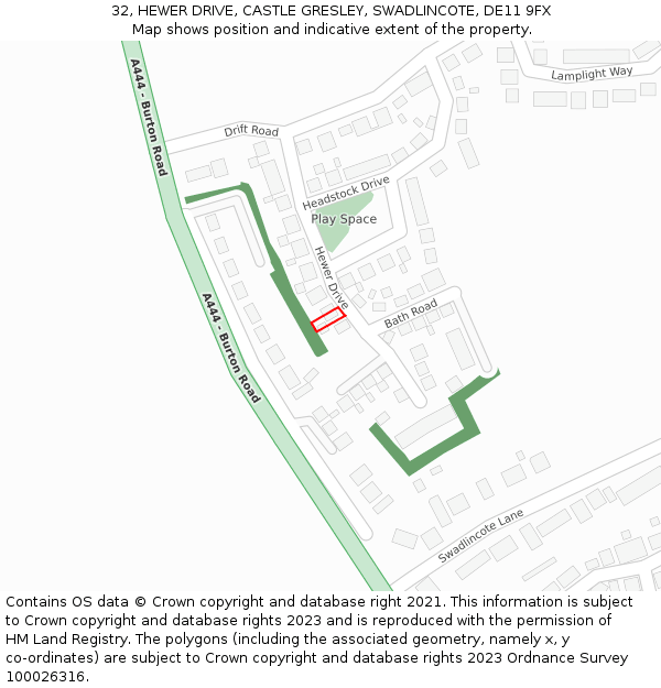 32, HEWER DRIVE, CASTLE GRESLEY, SWADLINCOTE, DE11 9FX: Location map and indicative extent of plot