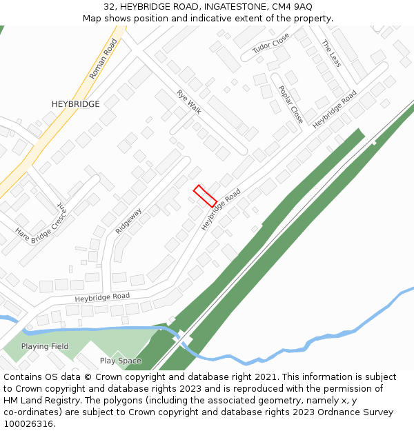 32, HEYBRIDGE ROAD, INGATESTONE, CM4 9AQ: Location map and indicative extent of plot