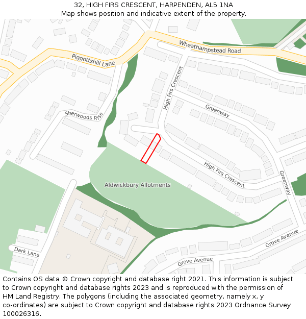 32, HIGH FIRS CRESCENT, HARPENDEN, AL5 1NA: Location map and indicative extent of plot