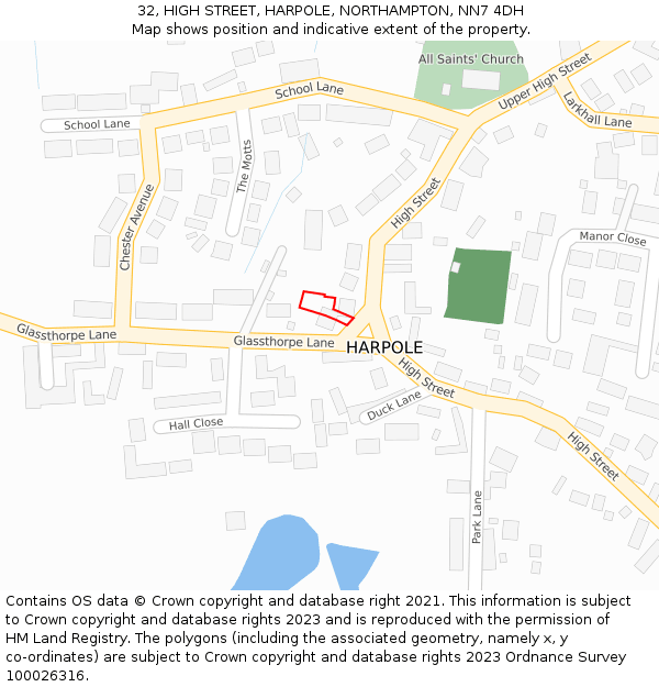 32, HIGH STREET, HARPOLE, NORTHAMPTON, NN7 4DH: Location map and indicative extent of plot