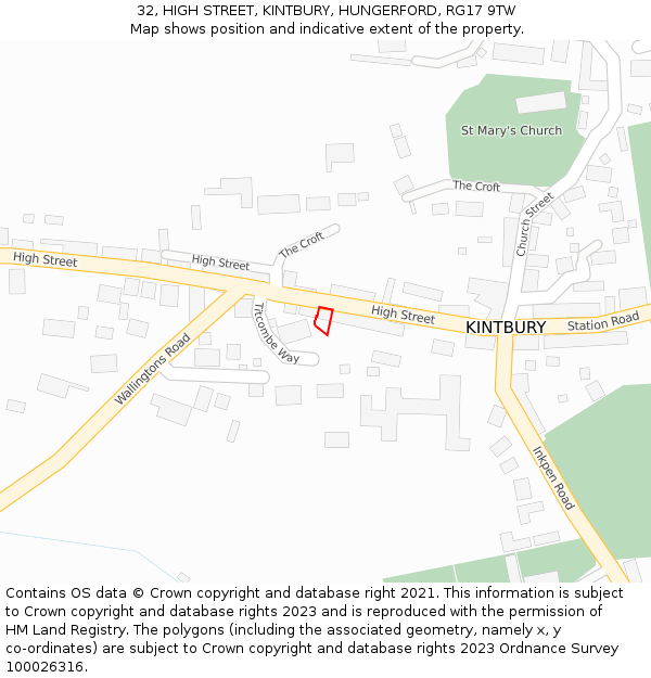 32, HIGH STREET, KINTBURY, HUNGERFORD, RG17 9TW: Location map and indicative extent of plot