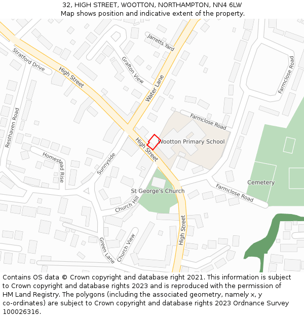 32, HIGH STREET, WOOTTON, NORTHAMPTON, NN4 6LW: Location map and indicative extent of plot