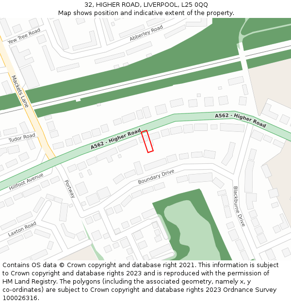 32, HIGHER ROAD, LIVERPOOL, L25 0QQ: Location map and indicative extent of plot