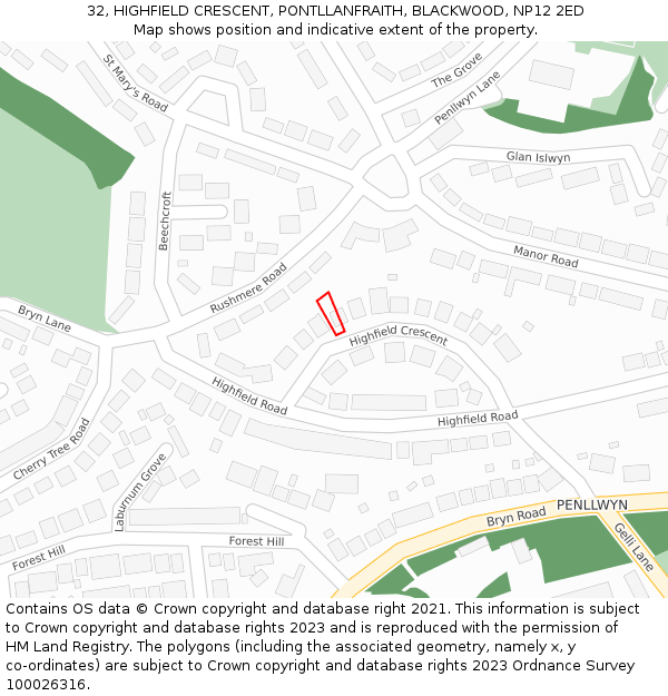 32, HIGHFIELD CRESCENT, PONTLLANFRAITH, BLACKWOOD, NP12 2ED: Location map and indicative extent of plot