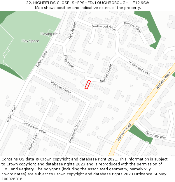 32, HIGHFIELDS CLOSE, SHEPSHED, LOUGHBOROUGH, LE12 9SW: Location map and indicative extent of plot