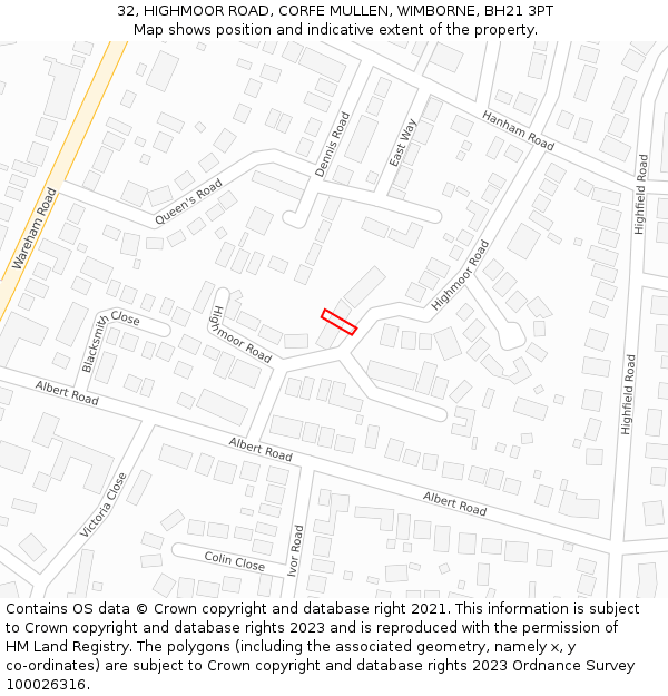 32, HIGHMOOR ROAD, CORFE MULLEN, WIMBORNE, BH21 3PT: Location map and indicative extent of plot