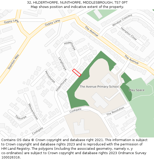32, HILDERTHORPE, NUNTHORPE, MIDDLESBROUGH, TS7 0PT: Location map and indicative extent of plot