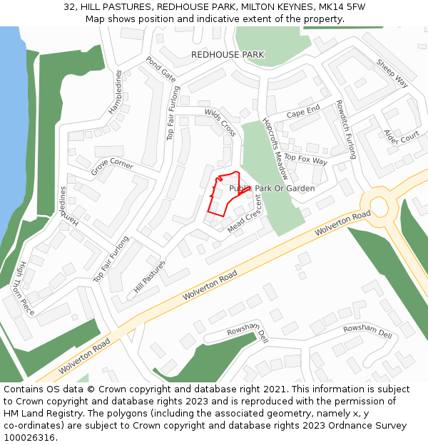 32, HILL PASTURES, REDHOUSE PARK, MILTON KEYNES, MK14 5FW: Location map and indicative extent of plot