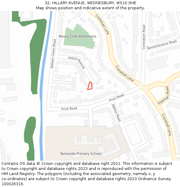 32, HILLARY AVENUE, WEDNESBURY, WS10 0HE: Location map and indicative extent of plot