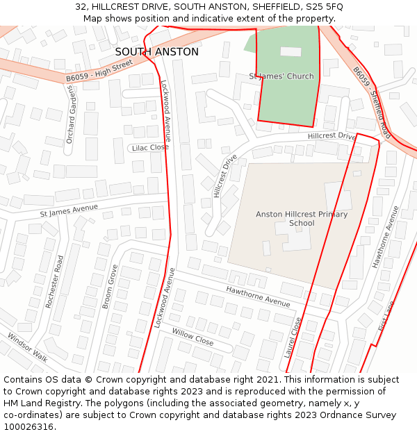 32, HILLCREST DRIVE, SOUTH ANSTON, SHEFFIELD, S25 5FQ: Location map and indicative extent of plot