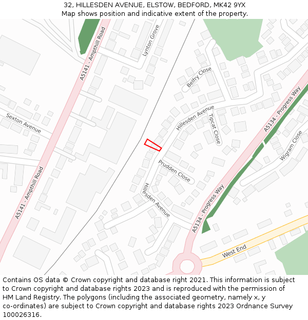 32, HILLESDEN AVENUE, ELSTOW, BEDFORD, MK42 9YX: Location map and indicative extent of plot