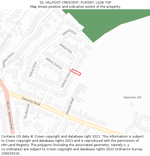 32, HILLFOOT CRESCENT, PUDSEY, LS28 7QP: Location map and indicative extent of plot