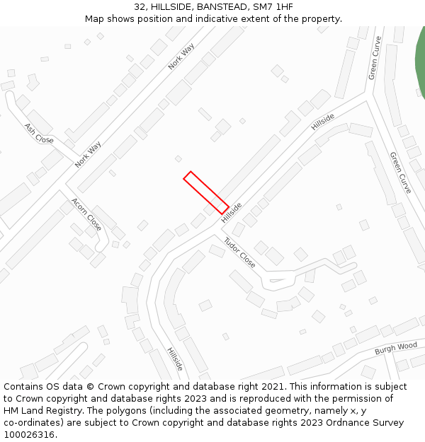 32, HILLSIDE, BANSTEAD, SM7 1HF: Location map and indicative extent of plot