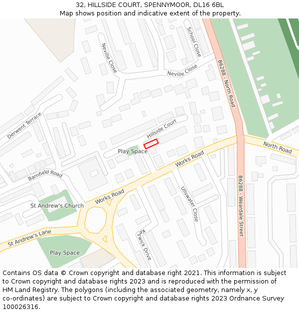 32, HILLSIDE COURT, SPENNYMOOR, DL16 6BL: Location map and indicative extent of plot