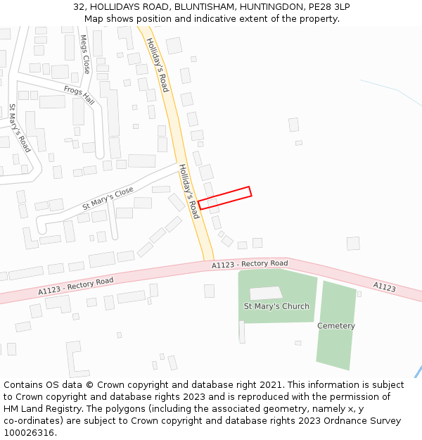 32, HOLLIDAYS ROAD, BLUNTISHAM, HUNTINGDON, PE28 3LP: Location map and indicative extent of plot