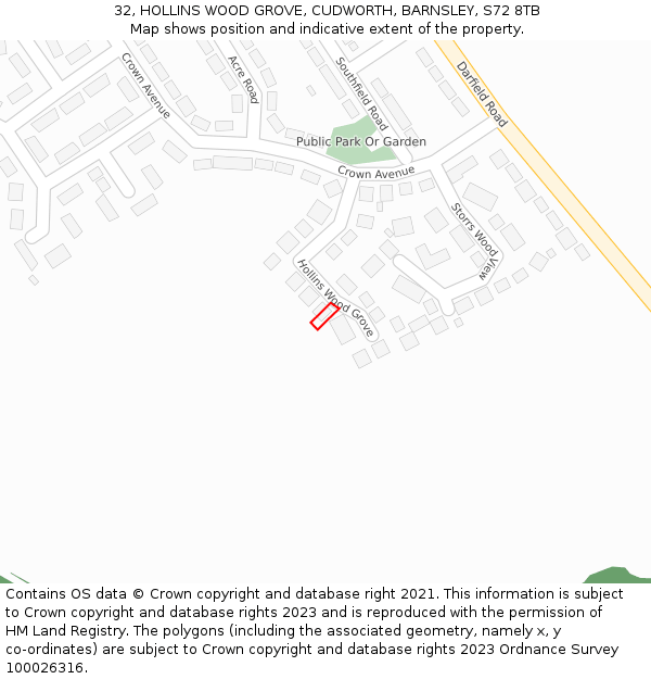32, HOLLINS WOOD GROVE, CUDWORTH, BARNSLEY, S72 8TB: Location map and indicative extent of plot
