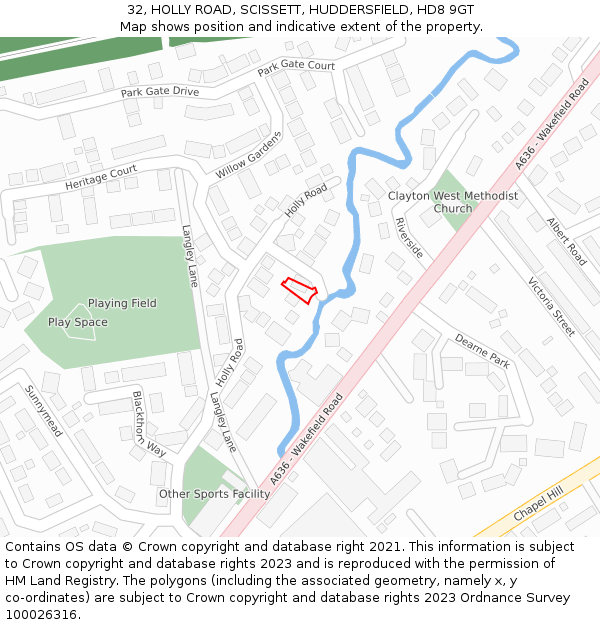 32, HOLLY ROAD, SCISSETT, HUDDERSFIELD, HD8 9GT: Location map and indicative extent of plot