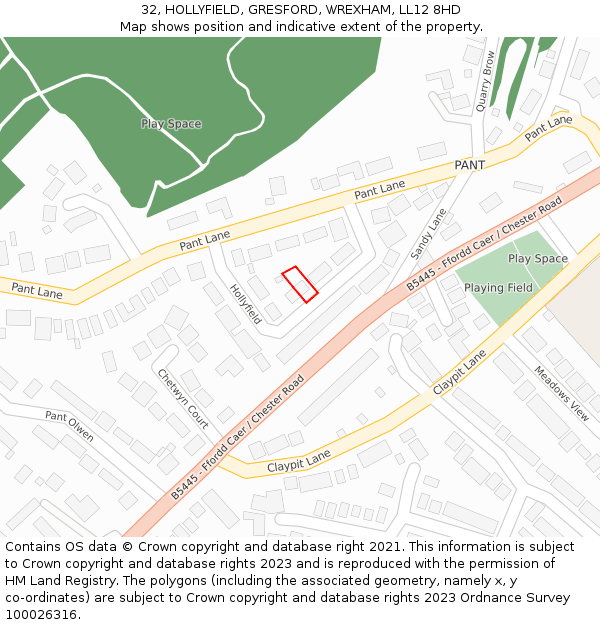 32, HOLLYFIELD, GRESFORD, WREXHAM, LL12 8HD: Location map and indicative extent of plot