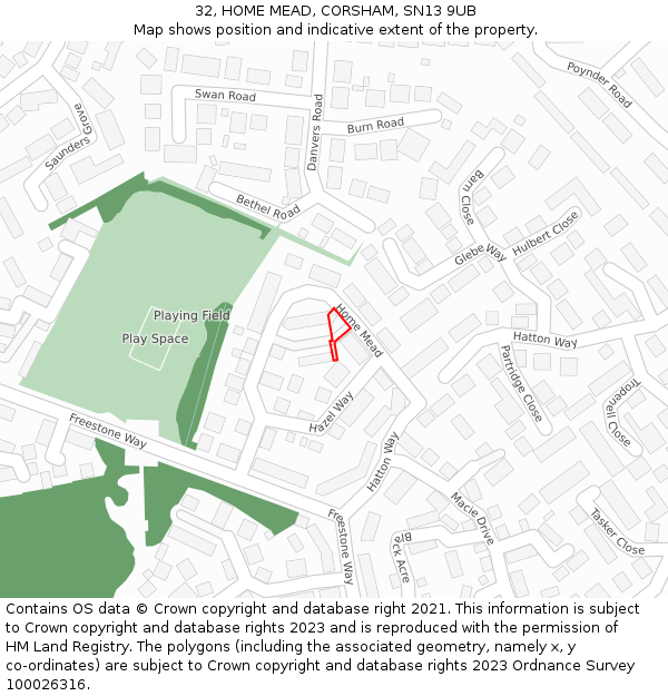 32, HOME MEAD, CORSHAM, SN13 9UB: Location map and indicative extent of plot