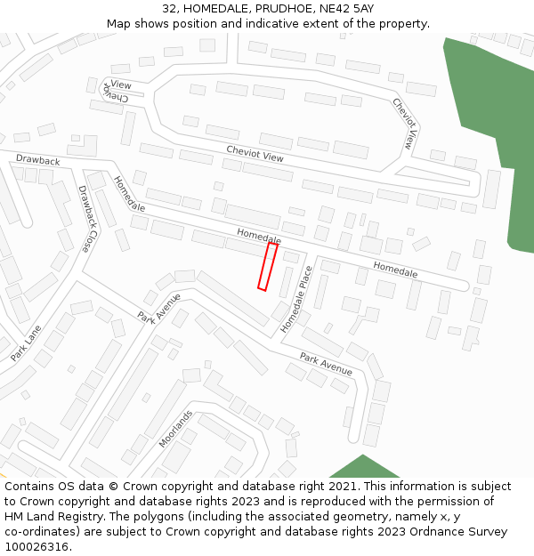 32, HOMEDALE, PRUDHOE, NE42 5AY: Location map and indicative extent of plot