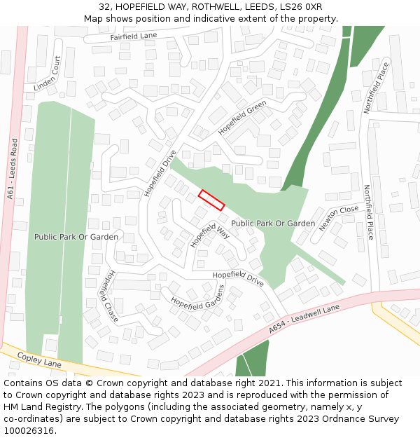 32, HOPEFIELD WAY, ROTHWELL, LEEDS, LS26 0XR: Location map and indicative extent of plot