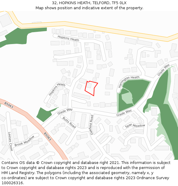 32, HOPKINS HEATH, TELFORD, TF5 0LX: Location map and indicative extent of plot