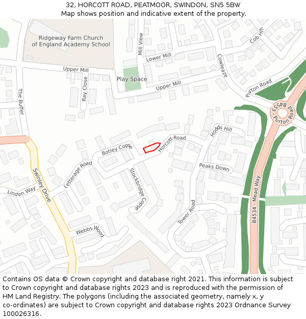 32, HORCOTT ROAD, PEATMOOR, SWINDON, SN5 5BW: Location map and indicative extent of plot